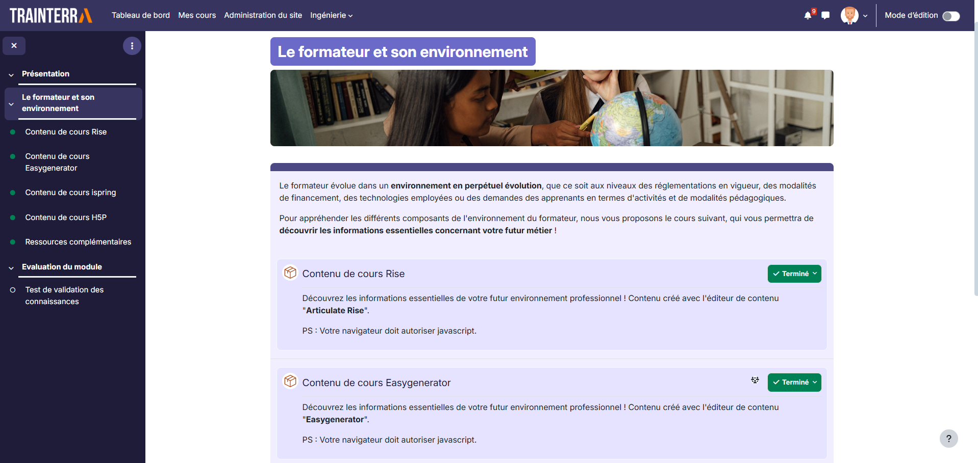 Cours Moodle avec Module SCORM Rise intégré