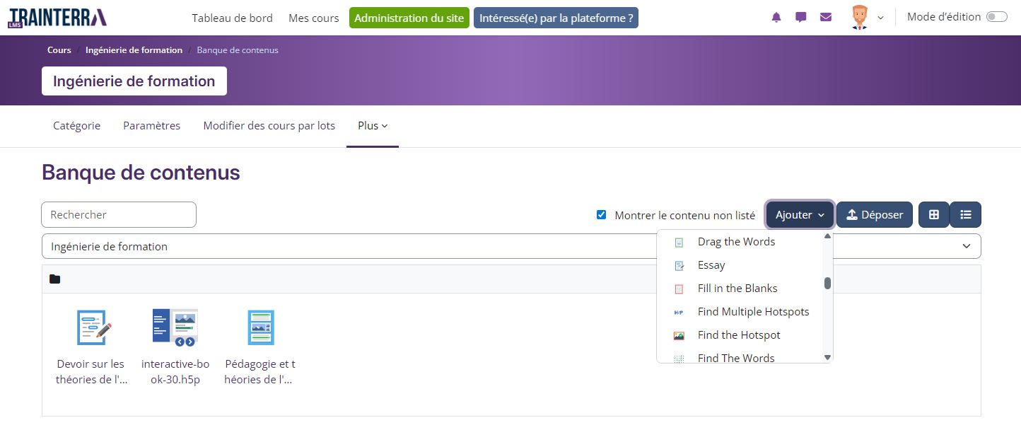 Choix de l'activité H5P "Essay"