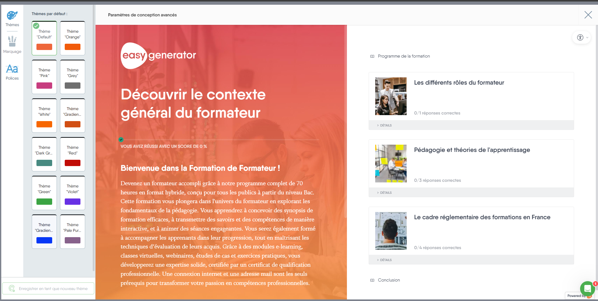 Choix du thème dans l'interface Easygenerator