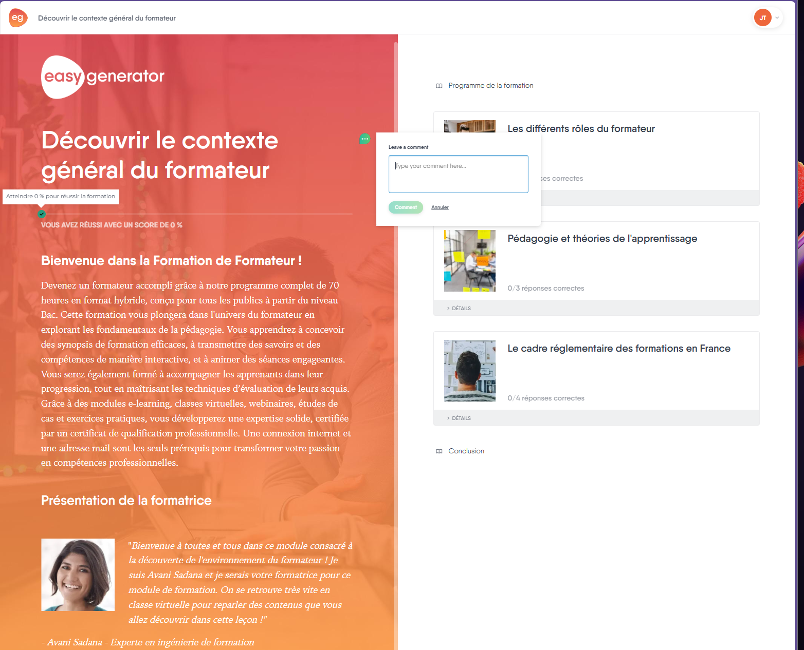 Interface collaborative et commentaires dans Easygenerator