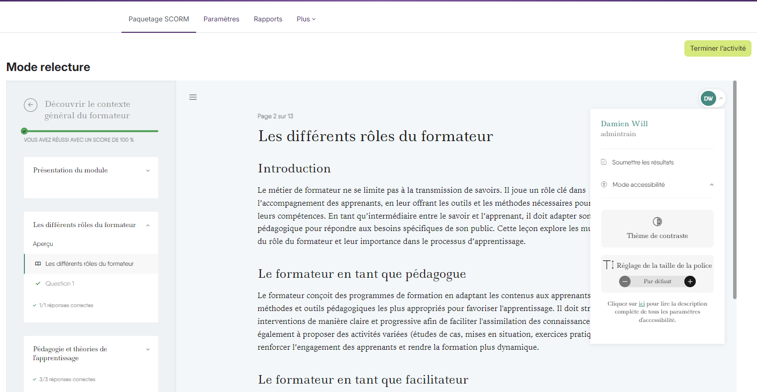 Plugin d'accessibilité d'un module Easygenerator dans LMS Moodle préparé par Trainterra