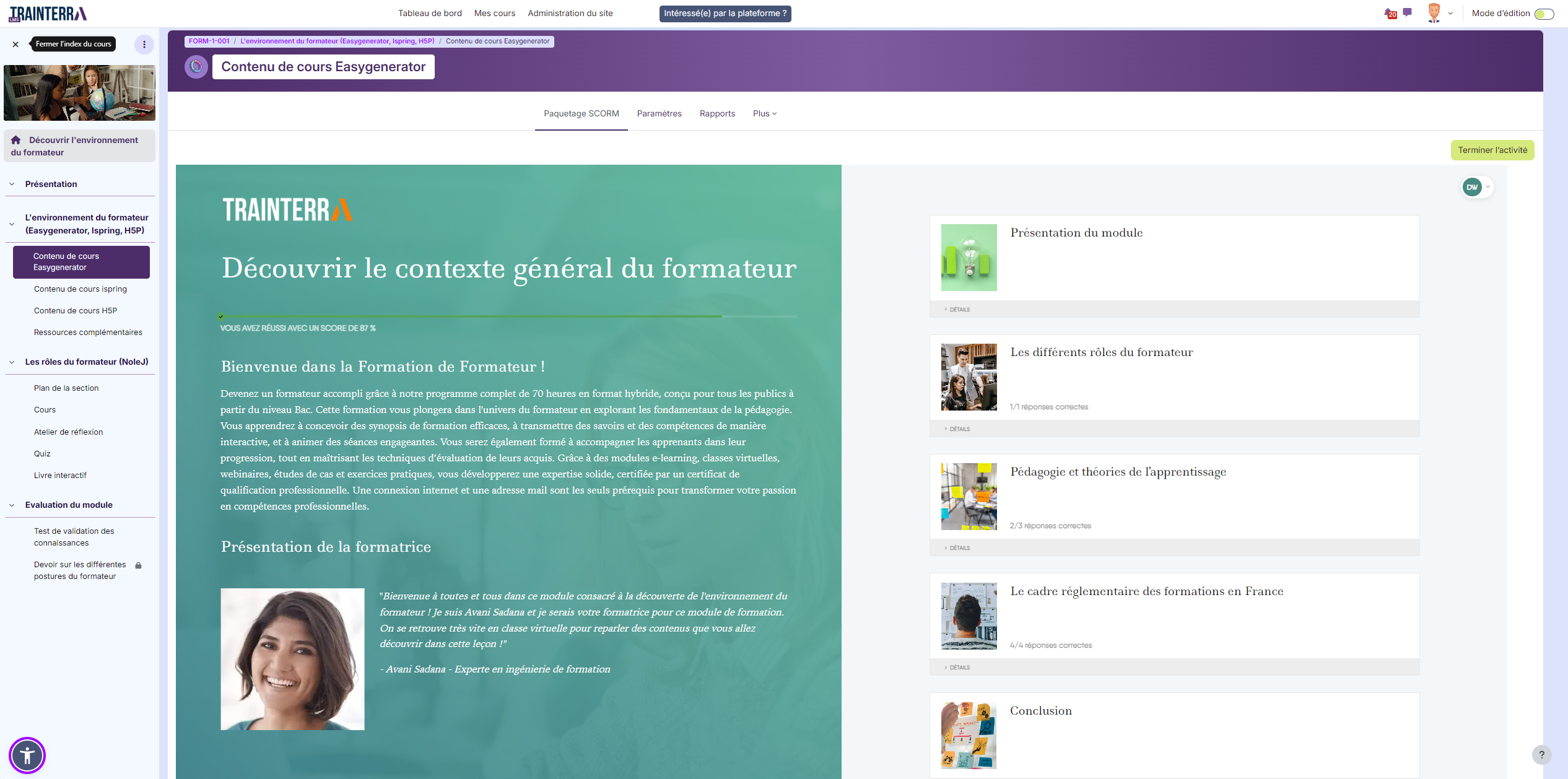 Page d'accueil du module Easygenerator publié dans LMS Moodle préparé par Trainterra