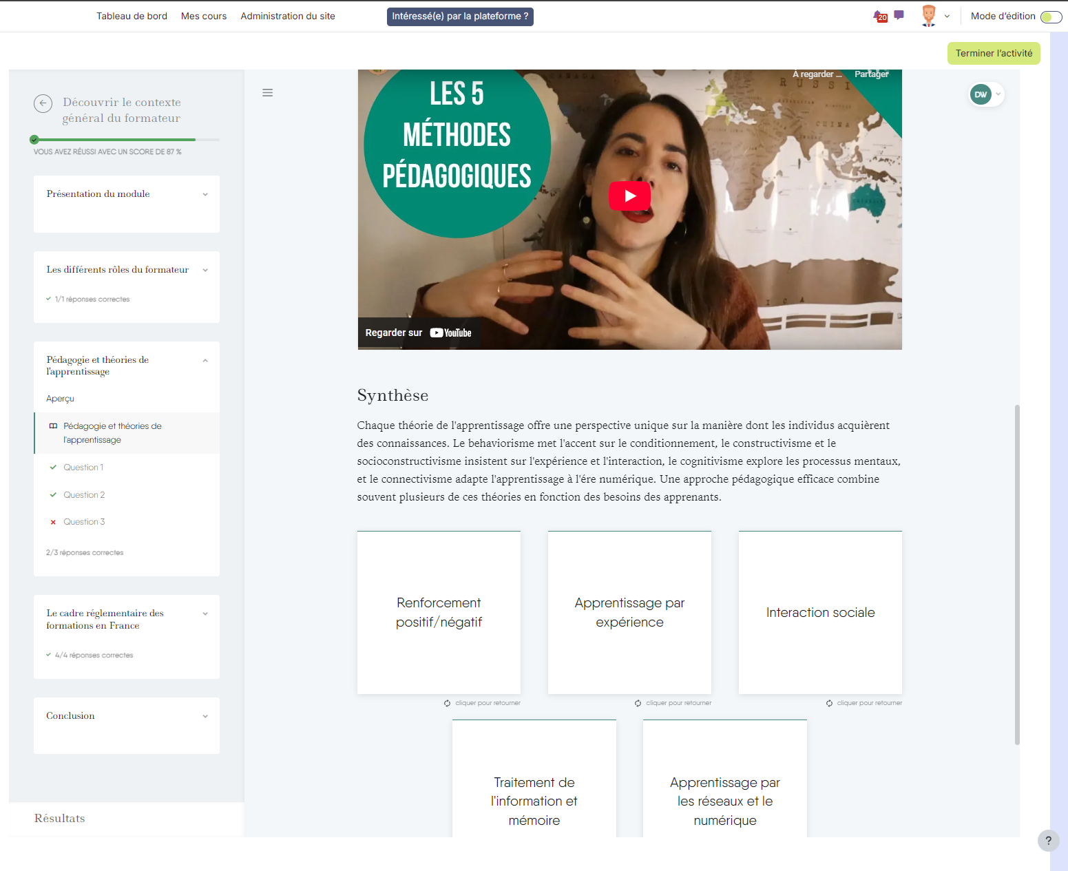 Page de module easygenerator avec falshcards dans LMS Moodle préparé par Trainterra