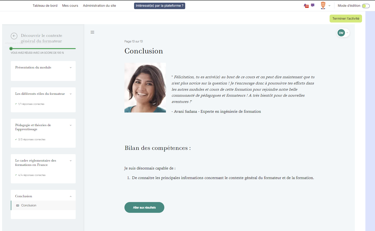 Page de conclusion d'un module Easygenerator dans Moodle préparé par Trainterra
