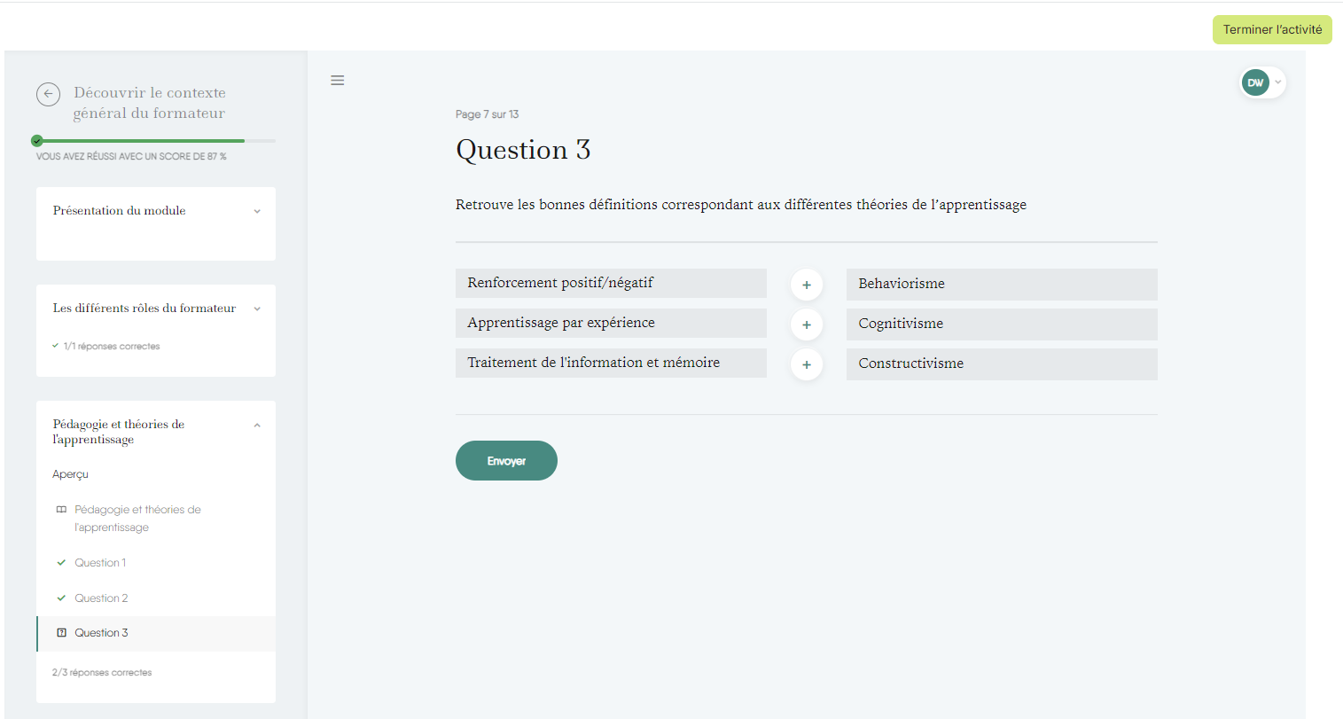 Module Easygenerator avec Question de quiz dans LMS Moodle préparée par Trainterra