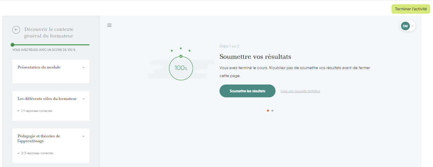 Module Easygenerator avec résultat du quiz dans LMS Moodle préparé par Trainterra