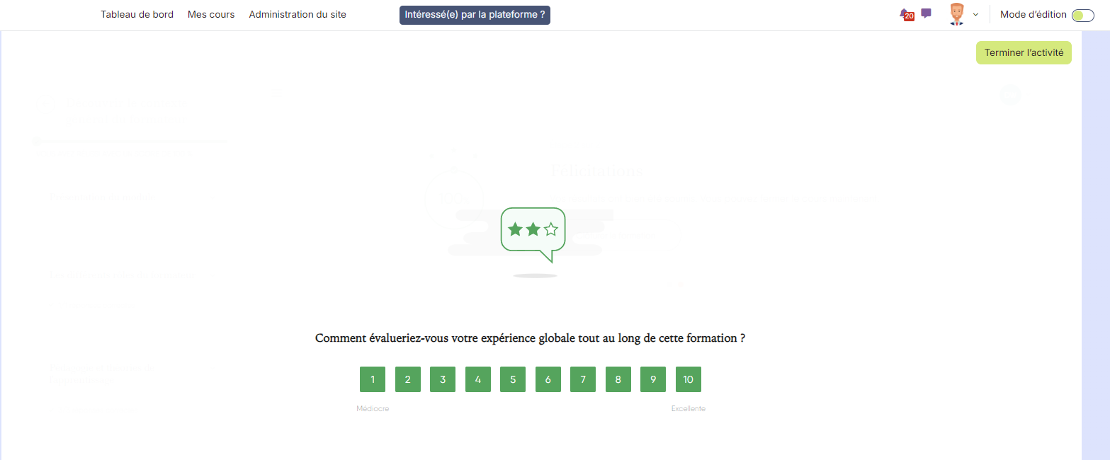 Module Easygenerator avec Question de Net Promoter score dans LMS Moodle préparé par Trainterra