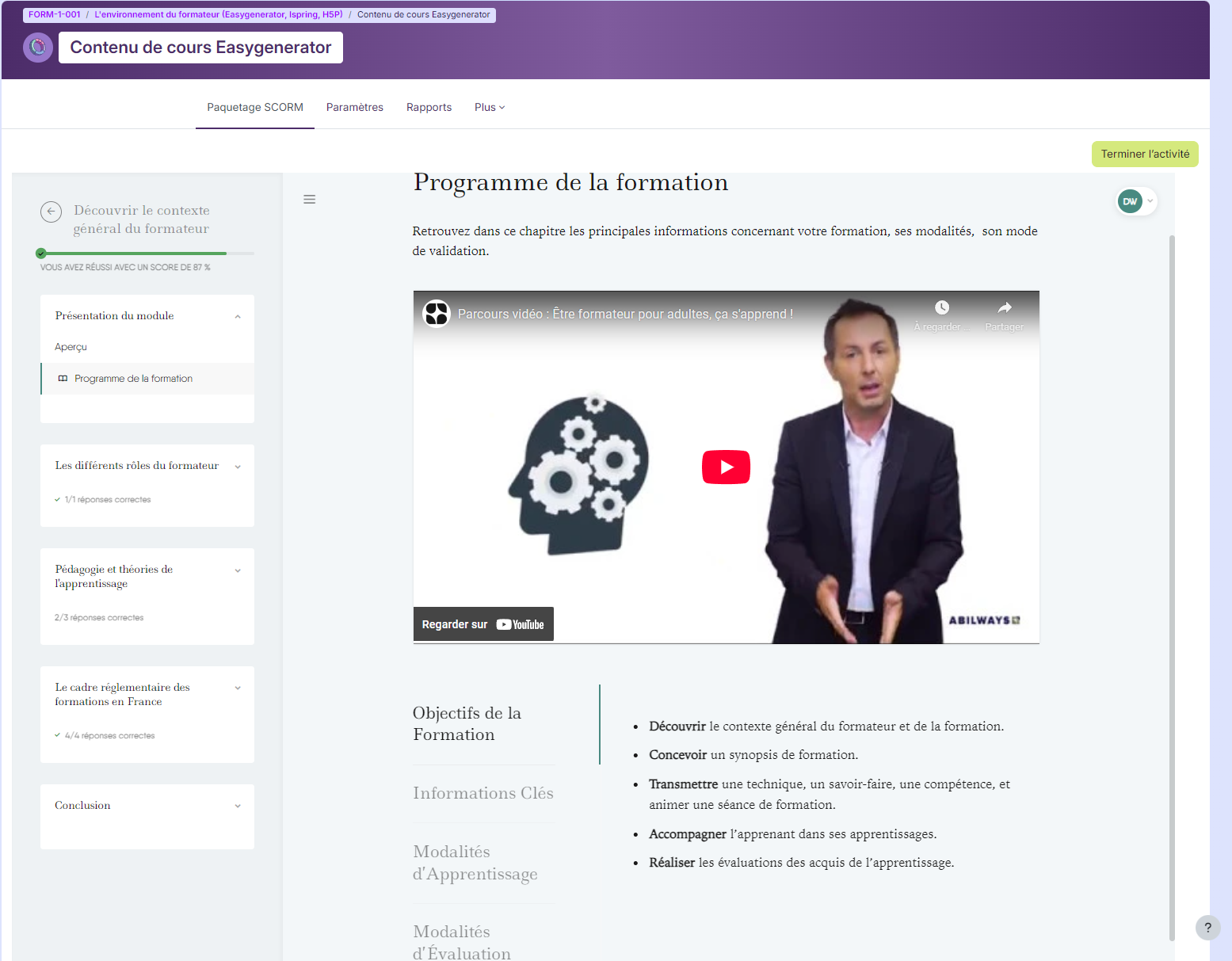 page d'un module easygenerator dans moodle trainterra