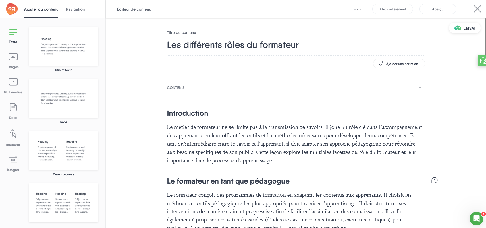 Interface des types de contenus Easygenerator